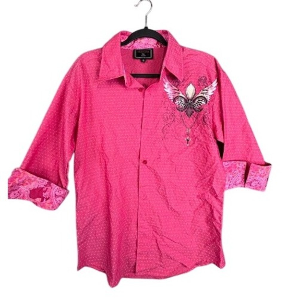 Meztizos Pink Rhinestone Cross Wings‎ Graphic Button Up Shirt S